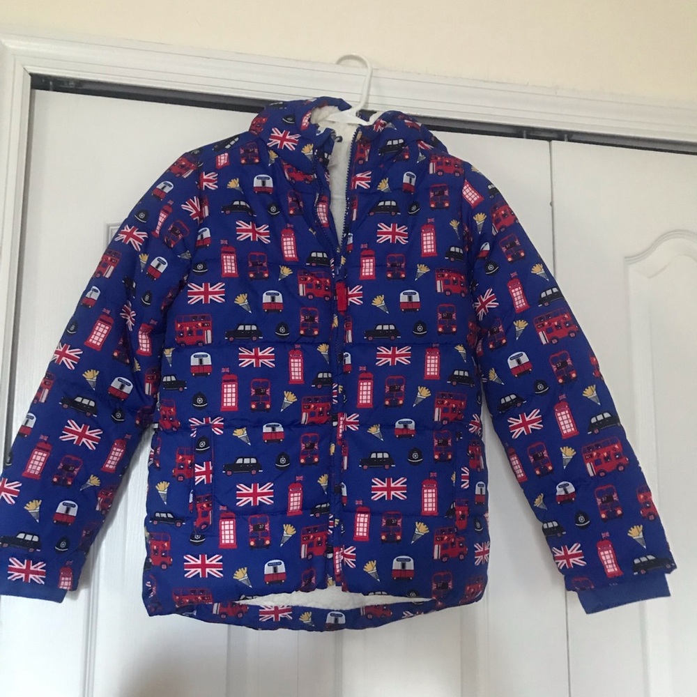 Gymboree Kids Blue Hooded Puffer Jacket with British Print NWOT Size 12